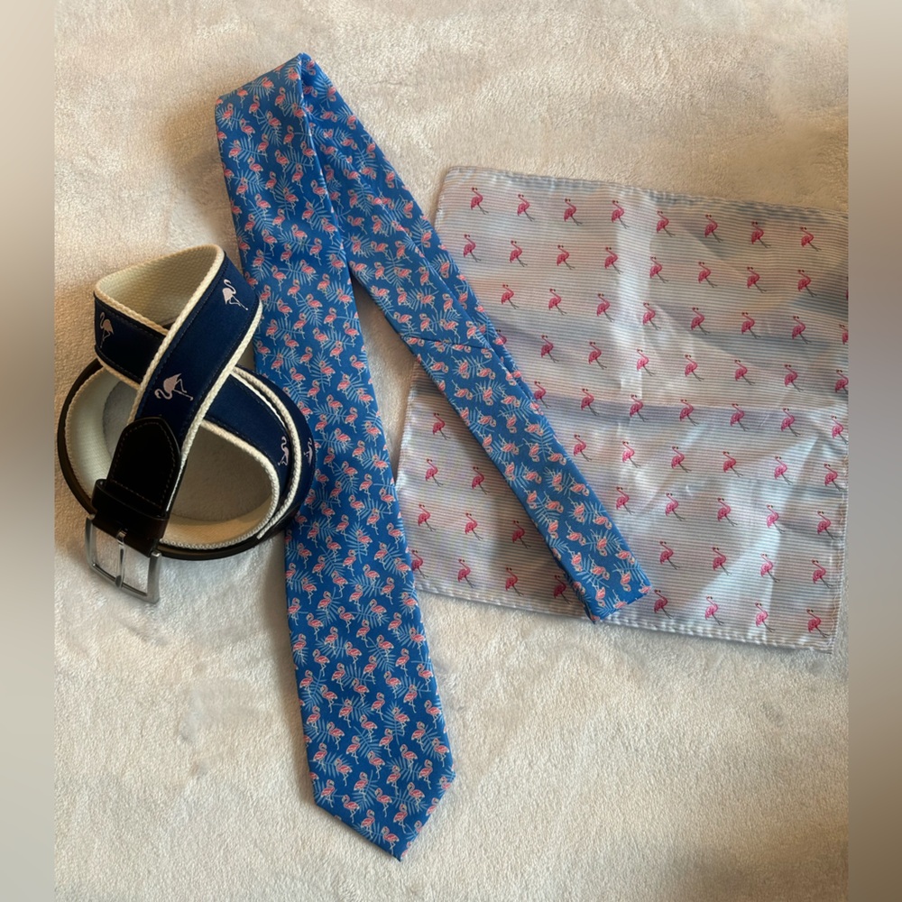 Flamingo men’s bundle. Tie, pocket square & size 34 belt.